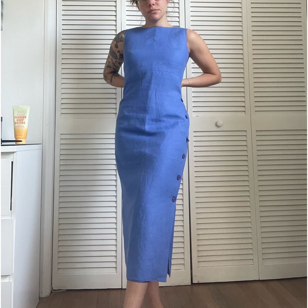 Blue/ periwinkle linen dress with side button slit